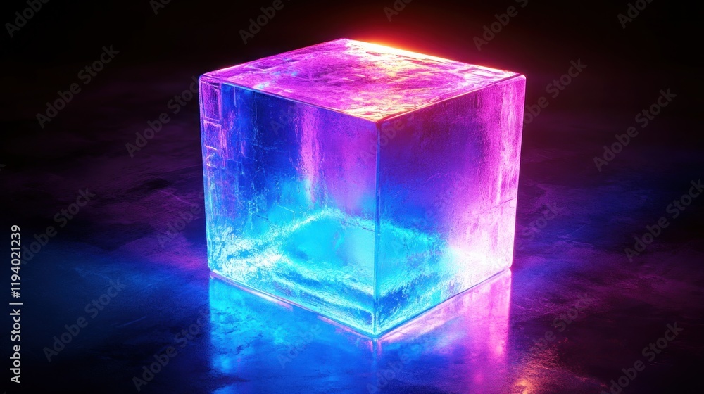Glowing neon ice cube on dark surface, reflecting light