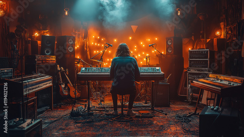 A creative musician immersed in a dimly lit studio, surrounded by keyboards, guitars, and sound equipment, crafting melodies in an atmosphere of inspiration. photo