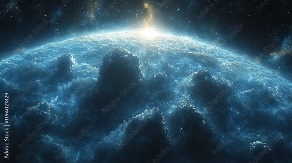 Fototapeta premium Glowing cloudscape on an alien planet, sunrise, space, cosmic.