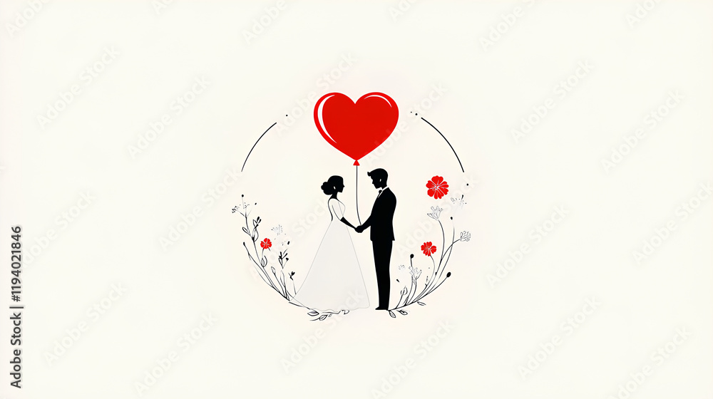 simple wedding logo with the bride and groom holding hands, wearing white dresses and black suits. In front of them is an elegant heart-shaped balloon, surrounded by delicate flowers in a paper-cut simple wedding logo with the bride and groom holding hands, wearing white dresses and black suits. In front of them is an elegant heart-shaped balloon, surrounded by delicate flowers in a paper-cut