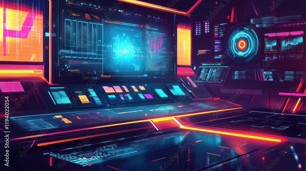 Futuristic control room monitors data, glowing neon Futuristic control room monitors data, glowing neon