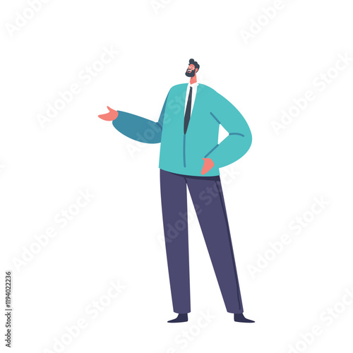 Mature Man in Formal Suit Smile and Gesturing with Hand. Male Character Speaking on Press Conference or Briefing