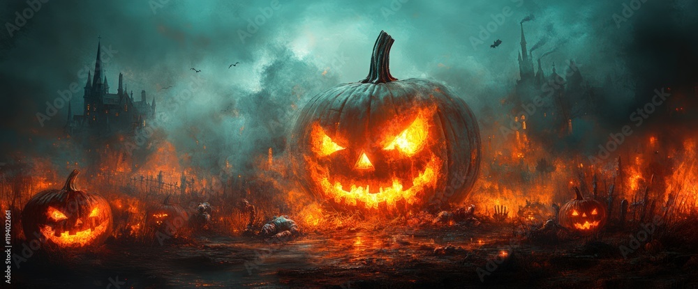 Naklejka premium Glowing jack-o'-lanterns amidst a fiery Halloween landscape with a haunted castle in the background.