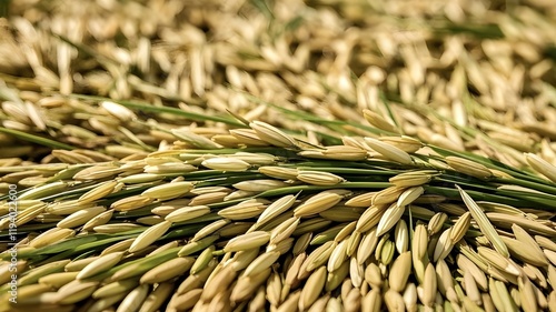 close-up of pile of Paddy. Paddy concept background,organic,yellow,nature,oat photo