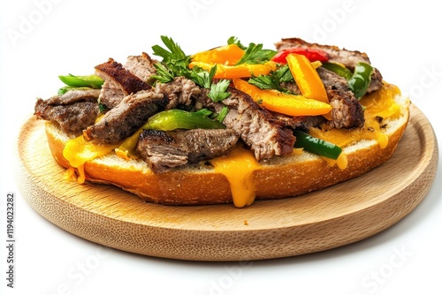 Grilled Steak & Pepper Open-Faced Sandwich on Wooden Board photo