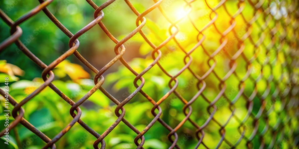 Fototapeta premium A rusty chain link fence with a blurry background of green foliage and warm sunlight.