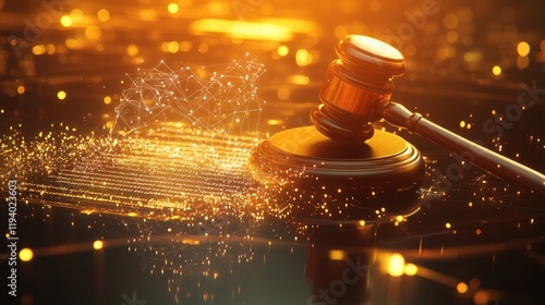 Gavel, digital justice, court, gold, bokeh, background, decision, legal