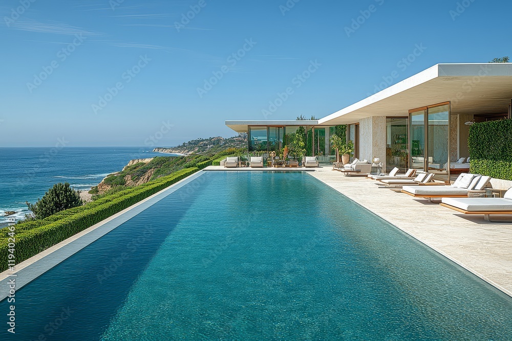 Fototapeta premium Large modern pool with blue water, ocean view, green hedges, lounge chairs, sunbeds, spacious lawn, elevated home, and glass house structure.
