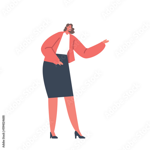 Mature Female Character Wear Red Jacket and Skirt Gesturing with Arms, Solve Issues, Explain Something, Businesswoman