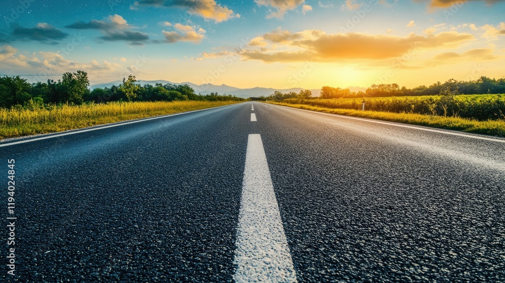 A scenic asphalt road pointing toward a bright horizon, with stars twinkling above. A scenic asphalt road pointing toward a bright horizon, with stars twinkling above.
