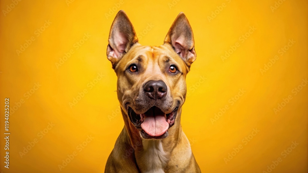 Obraz premium A canine with a joyful grin against a vibrant yellow background, showcasing the epitome of pure happiness and playful energy.
