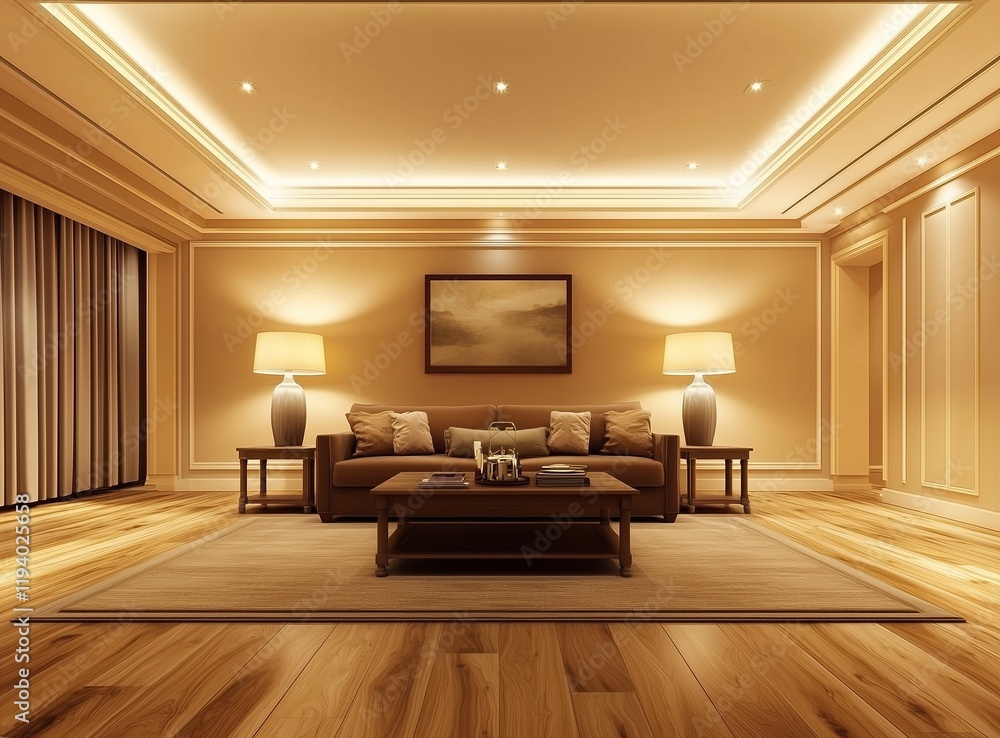 Fototapeta premium Spacious living area, soft lighting, wooden touches.