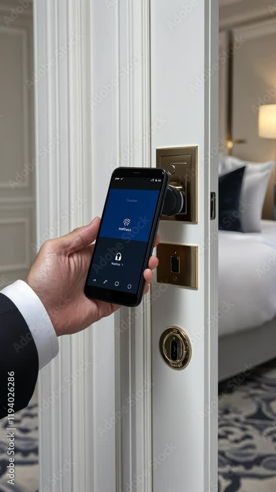 Mobile device used to unlock high-tech hotel door in modern interior Mobile device used to unlock high-tech hotel door in modern interior