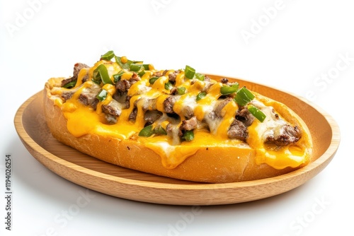 Cheesy Steak Sandwich, Wooden Plate, White Background, Food Photography, Menu photo