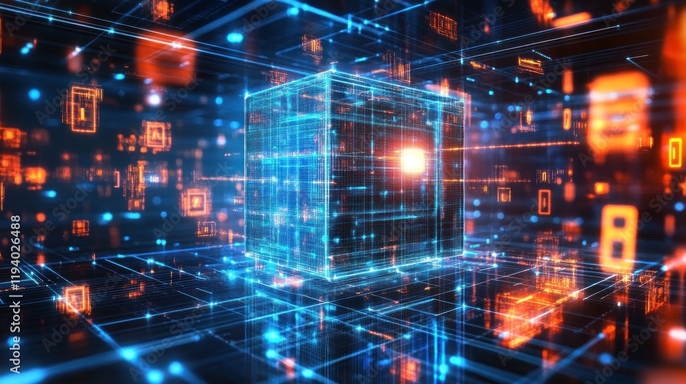 Digital cube data network, glowing lines, futuristic background, tech concept Digital cube data network, glowing lines, futuristic background, tech concept