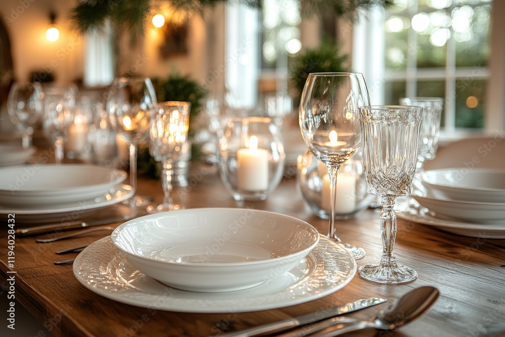 Rustic Elegant Dining Table with Crystal Glasses and White Plates in Luxurious Natural Setting Rustic Elegant Dining Table with Crystal Glasses and White Plates in Luxurious Natural Setting