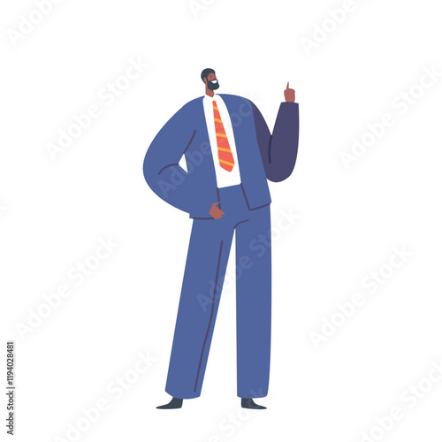 Single Male Character Wear Blue Formal Wear Show Pointing Gesture Isolated on White Background. Positive Business Man