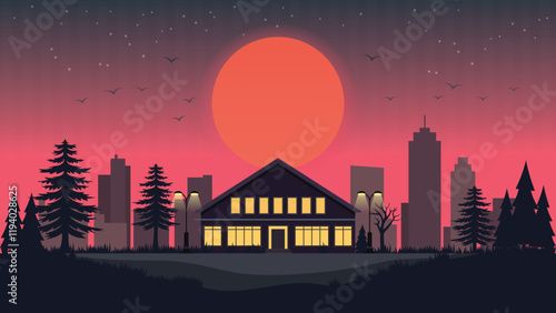 Hotel Home House Building Landscape with Cityscape and Full Moon in the Evening