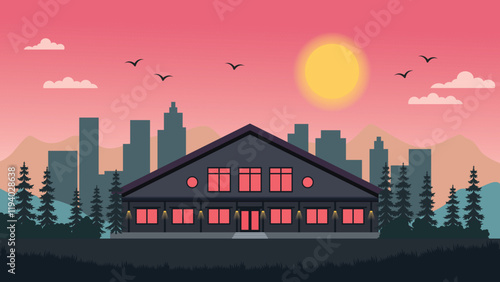 Hotel Home House Building Landscape with Cityscape and Sun in the Morning