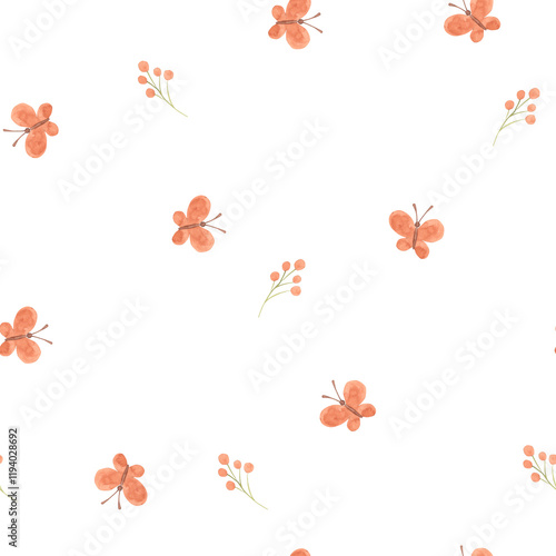 watercolor seamless butterfly, berry pattern illustration for kids