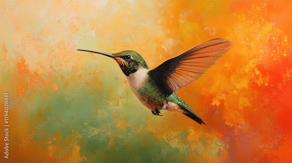 Fototapeta premium Hummingbird in flight, autumnal background, nature art, print