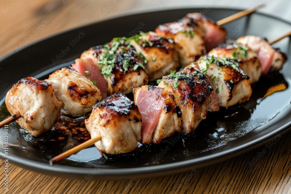 Grilled chicken bacon skewers restaurant table Grilled chicken bacon skewers restaurant table
