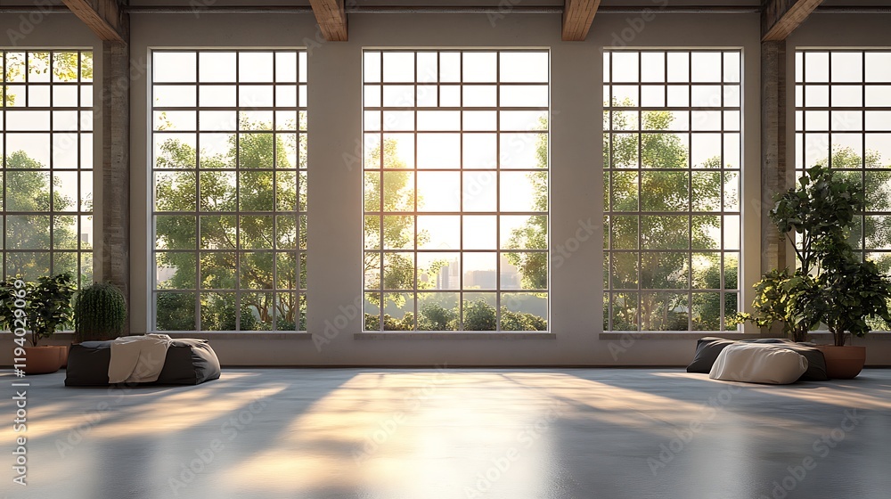 Fototapeta premium A contemporary warehouse setting with high ceilings, massive windows framing a serene outdoor view, smooth concrete floors, and a minimalist industrial aesthetic, bright and airy,