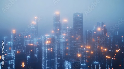 Wallpaper Mural Futuristic Cityscape: A Digital Metropolis Shrouded in Mist Torontodigital.ca