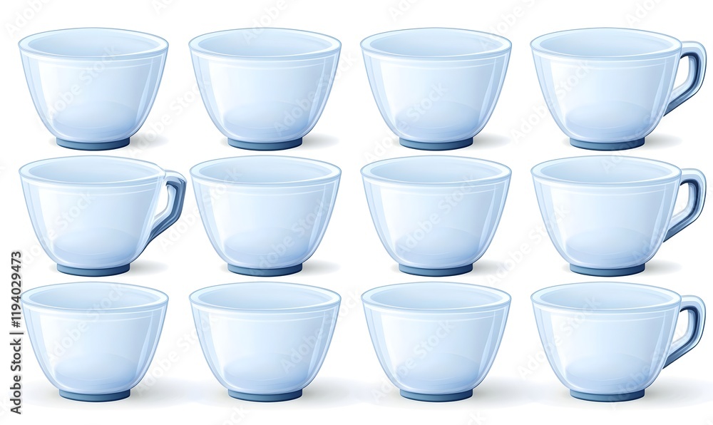 Twelve empty light blue teacups, some with handles, arranged in rows. Twelve empty light blue teacups, some with handles, arranged in rows.