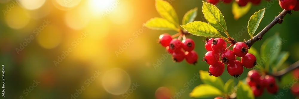 Red berries on Cotoneaster branches and leaves in a warm sunlight scene, sun, berries Red berries on Cotoneaster branches and leaves in a warm sunlight scene, sun, berries