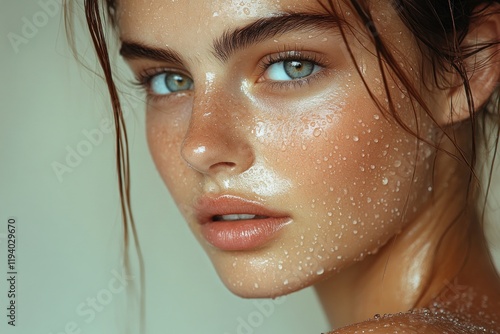 Close-up of a woman's shoulder with water droplets hyper-realistic photography soft lighting skin texture sauna detox beauty wellness photo