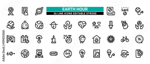 36 Earth Hour Line Icons Set Pack Editable Stroke Vector Illustration. photo