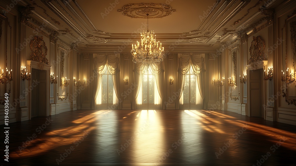 Fototapeta premium A luxurious dimly lit room with a grand antique chandelier, ornate crown molding in soft white, and deep mahogany floors, exuding a warm and regal atmosphere, hd quality --ar 16:9