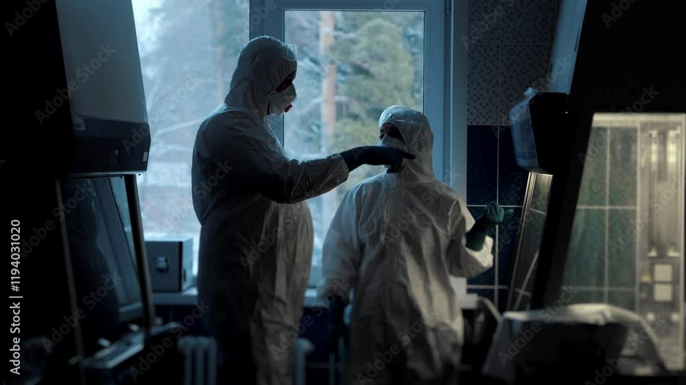 Two scientists in protective suits stand and discuss in a laboratory next to a biological safety cabinet. Modern medical laboratory.