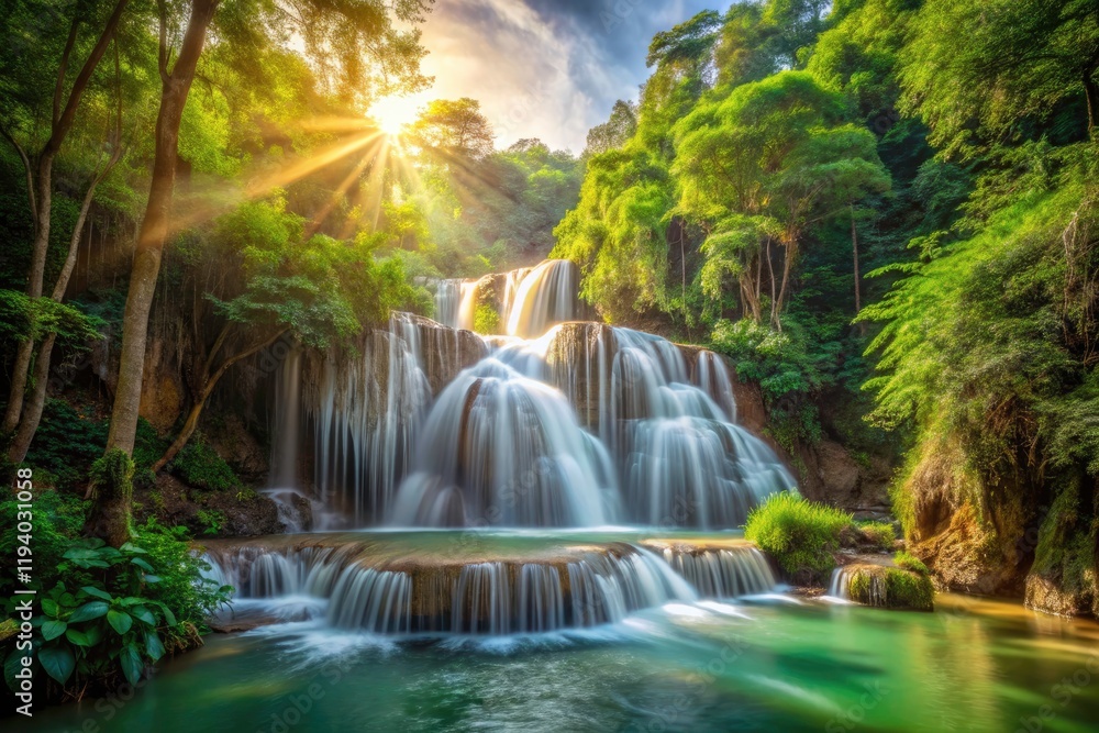 Obraz premium Huai Mae Khamin Waterfall Panoramic: Kanchanaburi Thailand Scenic Nature Landscape Photography