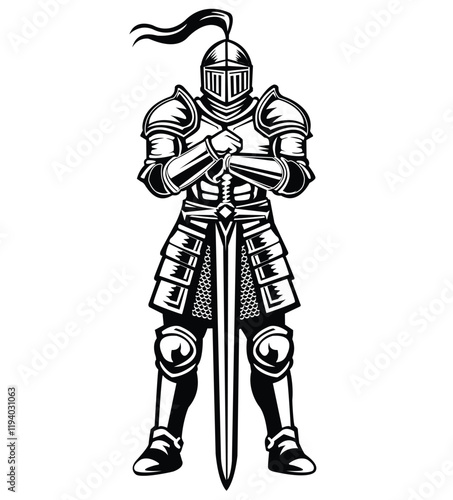 Black and white vector illustration of a knight in armor holding a long sword