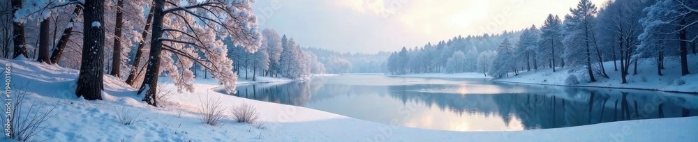 Snow-covered forest with bare trees and a frozen lake in the background, cold climate, Snow-covered forest with bare trees and a frozen lake in the background, cold climate,