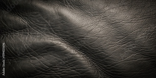 A close-up view of textured black leather with subtle light reflecting off its surface, showcasing its natural grain and imperfections