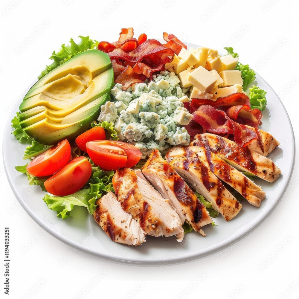 A classic Cobb salad with grilled chicken, avocado, bacon A classic Cobb salad with grilled chicken, avocado, bacon