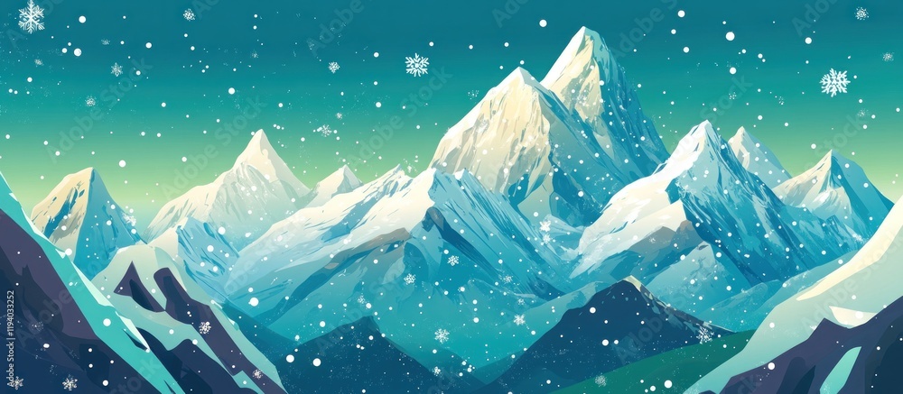 Obraz premium Snowy mountain range winter landscape; snowfall background; website banner