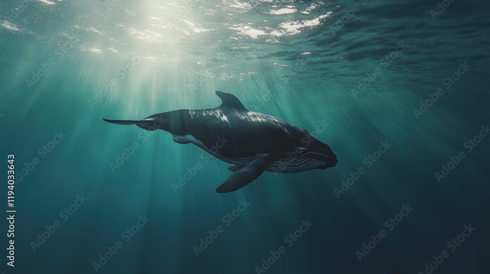 Ocean sunlit whale swimming underwater, marine life Ocean sunlit whale swimming underwater, marine life