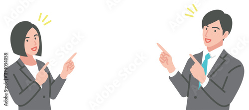 指をさして案内するスーツ姿の男女