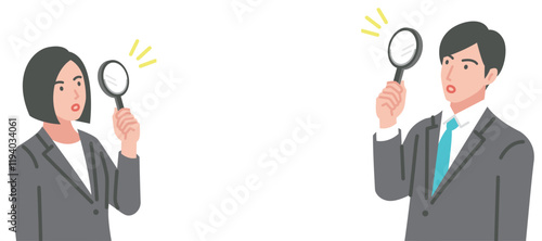 虫眼鏡を持つスーツ姿の男女