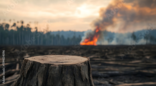 A tree stump in the foreground with a background of smoke and flames, indicating deforestation or wildfires, highlighting environmental concerns.