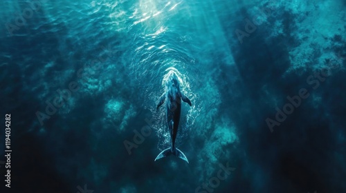 Whale swimming ocean depth, sunlight above, marine life, documentary photo