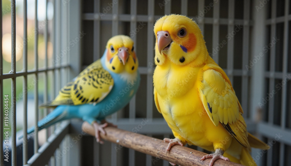 Obraz premium Colorful budgerigars perched on a branch in a cage