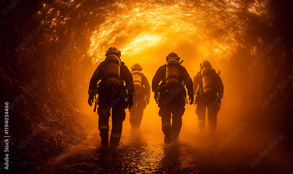 Firefighters entering fiery tunnel rescue Firefighters entering fiery tunnel rescue