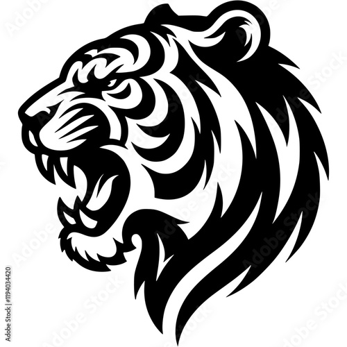 Wallpaper Mural Tattoo of angry tiger with fangs growls side view head in monochrome. Wild tiger in madness. Engraving minimalistic vector in black ink drawing on transparent background Torontodigital.ca