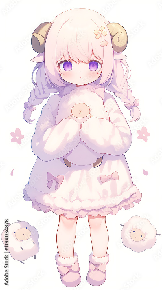 A cute character with sheep motifs, dressed in a fluffy outfit, surrounded by small sheep. A cute character with sheep motifs, dressed in a fluffy outfit, surrounded by small sheep.