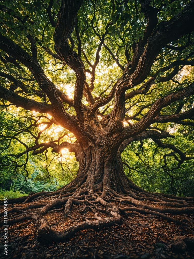 Fototapeta premium An enormous tree with sprawling branches dominates the tranquil landscape, sunlight creating an enchanting glow among its rich green foliage as the day transitions to dusk.
